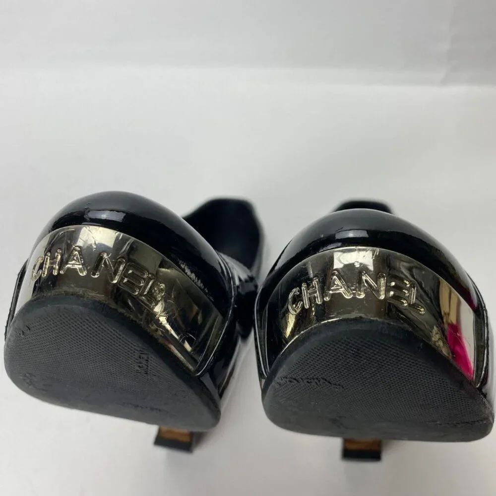 CHANEL Patent Silver Name Plate Chrome Logo Cap Toe Black Chunky Pumps Size 37.5 - Picture 4 of 10